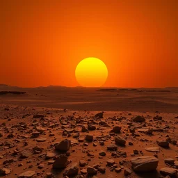 yellow sunrise on mars over a rocky surface