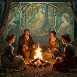 friends around campfire by hans zatzka and martin johnson heade and maria sibylla merian and ( ( ( lisa frank ) ) ), art nouveau, 8 k, sharp focus, lighting study, octane render