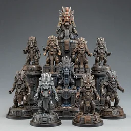 airbrush macro of 4 character, tiered grimy mayan god machines, cluster tiered heirarchy, battle failure, mainframe hydrocracking battles, chrome slag filled winner in final battle by wayne d barlowe, enric torres, alberto bontempi, feng zu, geof darrow, alex nino, boris vallejo, enric torres, hyper realism, narrative light, muted