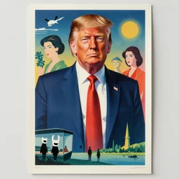 a transparent glass movie poster of jake gyllenhaal as president donald trump, risograph by laurie greasley, kawase hasui, josan gonzalez, jean giraud, moebius and edward hopper, colourful flat surreal design, in the style of oxenfree and hollow knight, super detailed, a lot of tiny details, fullshot