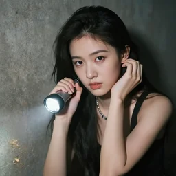 A young woman, necklace, left ear, left hand, flashlight, dirty Concrete wall, dust, trash ; basement , night; 90's professional color photograph, close up, view from front.