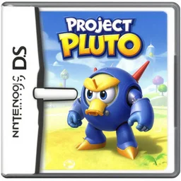 video - game box art of the 2 0 0 6 nintendo ds game titled project pluto, featuring a full - color whimsical disney cg illustration of pluto the dog riding on a nuclear cruise - missile with scramjet engines flying away from a fiery mushroom - cloud over a city.