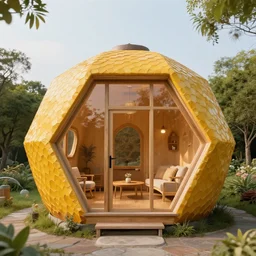 honeycomb themed cabin in a pentagon shape