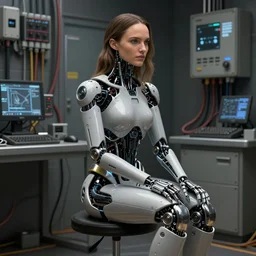 cyborg, Natalie Portman sitting on a stool, very detailed, dramatic lighting, electrical details, high details, 4k, 8k, trending on artstation, by Greg Rutkowski, Wayne Barlowe, Hajime Sorayama and Boris Vallejo