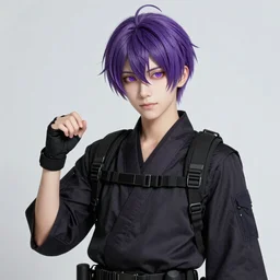 gorgeous!!! hyper - realistic teenager boy with purple hair, purple eyes with red eye markets, slim body, wearing combat japanese clothes, holding a fan | drawn by wlop, drawn by jeehyung lee, drawn by artgerm | intricate, highly detailed, digital painting, character design, concept art, illustration, artstation