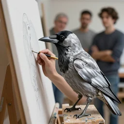 a silver feathered partially wireframed jackdaw, with a fine paintbrush in it's beak, creating artwork on canvas, by leesha hannigan, ross tran, thierry doizon, kai carpenter, ignacio fernandez rios