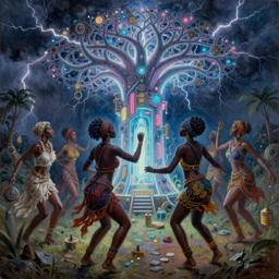 african women dancing around a glowing, energized, steampunk neon portal near the electric tree of life in a lightning storm, by alan kenny. oil on canvas, detailed and intricate environment, radiant lighting. highly detailed. masterpiece