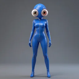 a beautiful female wearing a blue latex jumpsuit, eyeballs with different colored iris are poking through the suit, face, torso, legs, feet, octane render, photo realistic, hyper realistic, 8 k resolution in the style of alvin schwartz