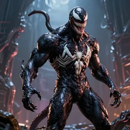 venom redesigned by yasushi nirasawa and alex ross, full figure action shot, alien world background, hdr, 8 k, octane render, volumetric lighting