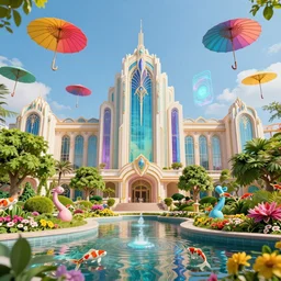 joyful opulent art deco city, colorful, sunny clear day, floating parasols, hologram, koi lush parks, trees, flowers, pond, clear focus clean lines art deco architecture fantasy by ross tran greg, rutkowski, intricate, elegant, retro, futuristic, highly detailed, artstation, octane render