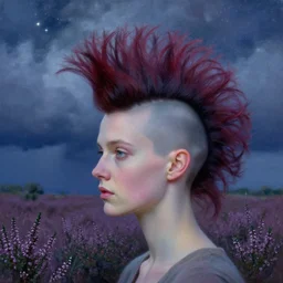 closeup, enormous flower head mohawk, woman in heather field, surreal photography, starlight, storm clouds, impressionist painting, digital painting, artstation, simon stalenhag