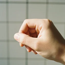 closeup 3 5 mm photo from the side view, of a hand illuminated by sunlight. neutral light color. kodak gold iso 2 0 0 f 2. 8. the background is a blurry, tiled setting. award winning. subtle film grain.