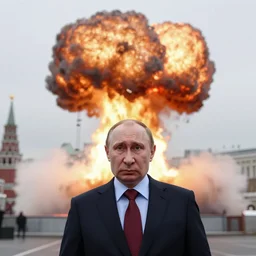 scared putin looking in nuclear explotion in moscow, hyper - realistic, sharp focus, depth of field, hyper - detailed visionary art, symmetric, hell, holy halo, dramatic ambient lighting, high detail, vibrant colors,
