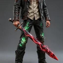 closeup, tall, lean man with long wavy brown hair. He wears a torn-up leather jacket and a beige cloth shirt underneath. Black pants, and cowboy boots. Pale green glowing energy glows through the tears in his clothes, and he carries a large crystalline black longsword with red lightning that arcs across the blade. by craig mullins, featured on artstation