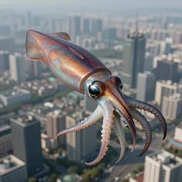 very very intricate photorealistic photo of a massive squid flying above a city, photo is in focus with detailed natural lighting, award - winning crisp details