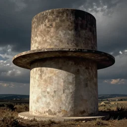 highscraper building in the form of cylinder hat, by rene magritte