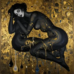 3 d female body silhouette sleeping in marbling liquid acrylic fluid drops, art noveauand art deco, klimt, modern, black colors, cinestill, 7 0 mm photography, photography by amy leibowitz and volfgang schneider, bodypainting, painting by morava and goldalh, artstation, epic concept art, beautiful female face matte painting
