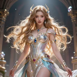 a beautiful female god character in front of an environment, character is in all its glory, character is centered on the image, rim lights, highly detailed professional photo, dynamic lights, particles and crystals are flying, very deep depth of field, trending on artstation, illustration, hyper realistic, super detailed, colorful accents