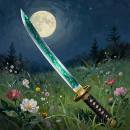 A katana with an emerald blade in a moonlit field of flowers, bob ross painting, award-winning, detailed