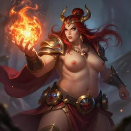 The sorceress casting a fire ball, league of legends, strong fat bacchanalian body, highly detailed, digital painting, artstation, concept art, smooth, sharp focus, illustration, ArtStation, art by Hearthstone
