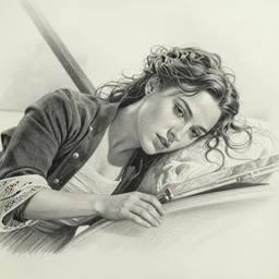 an intricate pencil drawing on paper of young kate winslet in titanic movie lying down wearing only a large diamond necklace by greg rutkowski, rule of thirds, hyper - realistic, trending on artstation