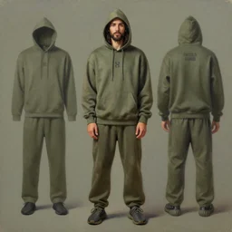 a full body lookbook portrait of modern - day jesus wearing olive green yeezy menswear collection by nicola samori, hat and hoodie, detailed, oil painting, hyper realistic, 8 k, yeezy collection