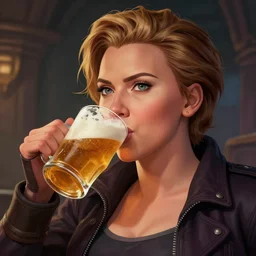 portrait of scarlett johansson drinking beer in team fortress 2 style, detailed face, dark fantasy art, fantasy, pretty, hd shot, digital portrait, beautiful, artstation, comic style, by artgerm, guy denning, jakub rozalski, magali villeneuve, neoartcore and charlie bowater