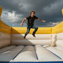 jordan peterson jumping in a bouncy castle, photograph, hyper realistic