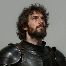 close up picture of a male warrior looking at the sky, black plate armor, simple, brown skin, messy curly hair, unkempt beard, highly detailed, detailed face, smooth, sharp focus, chiaroscuro, digital painting, artgerm, greg rutkowski, alphonse mucha
