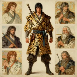 full character of a ancient chinese hunter wearing leopard robe, character design, painting by gaston bussiere, katsuya terada, nc wyeth, greg rutkowski, craig mullins, vermeer, frank frazetta, mucha, tom of finland, trending on artstation, jeffery catherine jones