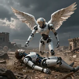 a robotic angel falling to earth to pick up a dead body, super realistic, hellscape earth, interesting