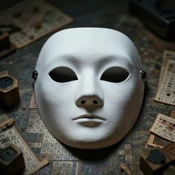 mask with a symbol for a society secret, portrait riddles and enigmas, decoding, amateur detective mystery, brain teasers, cryptic crosswords, scape room, logic games - by jama jurabaev, artstation, cinematic shot