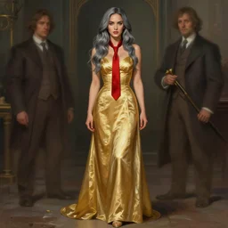 megan fox wearing a golden dress, grey hair, red necktie, cinematic, stunning, highly detailed, digital painting, artstation, smooth, hard focus, full body shot, illustration, art by artgerm and greg rutkowski and alphonse mucha