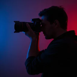 silhouette of a photographer taking a picture. close up. blue and red lighting. studio