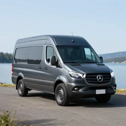 a dark gray sprinter van in central Oregon at the lake