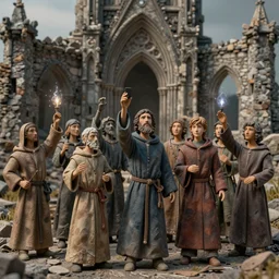 crowd of medieval monks made of plastic and clay, 3 d, exterior gohtic ruins, raising spirits magical, dappled light, in the style of matt murphy, jeremy enecio, miles johnston, monet, cynical realism, john william godward, yoshitaka amano, miles johnston, louise zhang, matt murphy, enes dirig, pekka halonen, finnish