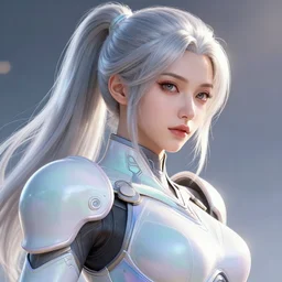 close up portrait of a korean woman in smooth pastel sci - fi armor, long silver ponytail, elegant, intense, woman, an ultrafine hyperdetailed illustration by kim jung gi, irakli nadar, intricate linework, sharp focus, bright colors, destiny 2, unreal engine 5, global illumination, radiant light