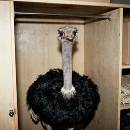 grainy photo of an ostrich as a creepy monster in a closet, harsh flash
