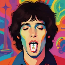 a colorful vibrant closeup portrait of a jim morrison licking a tab of lsd acid on his tongue and dreaming psychedelic hallucinations, by moebius, edward hopper and james gilleard, zdzislaw beksinski, steven outram colorful flat surreal design, hd, 8 k, artstation