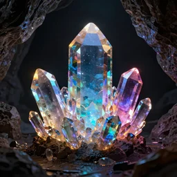 Colorful crystals glowing in a dark cave, Octane Render, trending on ArtStation
