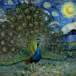 the vision of the universal peacock by john bauer, brom, and vincent van gogh, symbolist, visionary