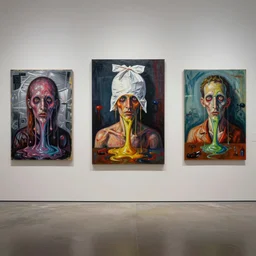 an empty room in the style of constructivism, exhibition of paintings, trash bag on head, blurred, grotesque, doomed, acrylic paint, high resolution, gouache on canvas, ultra detailed, vibrant colors, grotesque, wrapped thermal background, slimey, art by francis bacon, beksinski painting