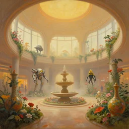 a minimalist oil painting by donato giancola and james gurney vaulted ceilings, warm coloured, cinematic scifi luxurious futuristic foggy steam filled garden circular shopping mall interior with microscopy giant windows flowers growing out of pretty bulbous ceramic fountains, gigantic pillars and flowers, maschinen krieger, beeple, star trek, star wars