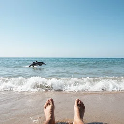 first person view of breaking waves on the shore, summer, clear beautiful sky, bright sky, dolphins 🐬 swimming, peaceful, amazing, by andreas rocha and john howe, and Martin Johnson Heade, featured on artstation, featured on behance, golden ratio, ultrawide angle, f32, well composed
