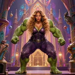 movie still frame, beyonce as she - hulk in epic pose, a psychedelic church in the background, intricate details, beautiful composition, 8 k, cgi, by ridley scott, james cameron, zack snyder and michael bay