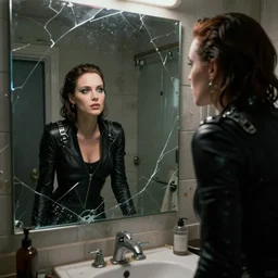 octane render candid photographic portrait by quentin tarantino of a beautiful feminine man wearing black techwear and light makeup looking in a broken bathroom mirror, rundown new york apartment, full shot, retrofuturism grunge cyberpunk lights and shadows refraction, 4 k, 8 k, hd, high resolution, ultra realistic faces, photorealistic, intricate detail, trending on artstation, digital painting, clockwork orange