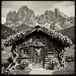 vintage photograph of alpine hut covered in roots and edelweiss, krampus mask on front door, dolomites in the back, grainy vintage photograph monochrome plate