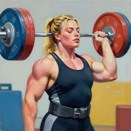greg manchess portrait of margot robbie as thick very muscular weightlifter with twintails and blondehair, eyes closed, medium shot, asymmetrical, profile picture, organic painting, sunny day, matte painting, bold shapes, hard edges, street art, trending on artstation, by huang guangjian and gil elvgren and sachin teng
