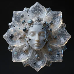 grotesque translucent god flower made from space stones, by rutkowski and giuseppe arcimboldo, james jean and erik jones and rhads, beutiful details, ultradetailed, prefect face, photorealistic details, feroflex, 3 d octane render, colossal scale, trending artstation