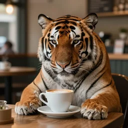 A tiger chilling in a coffee shop sipping on his hot steaming coffee, hyperdetailed, artstation, cgsociety, 8k